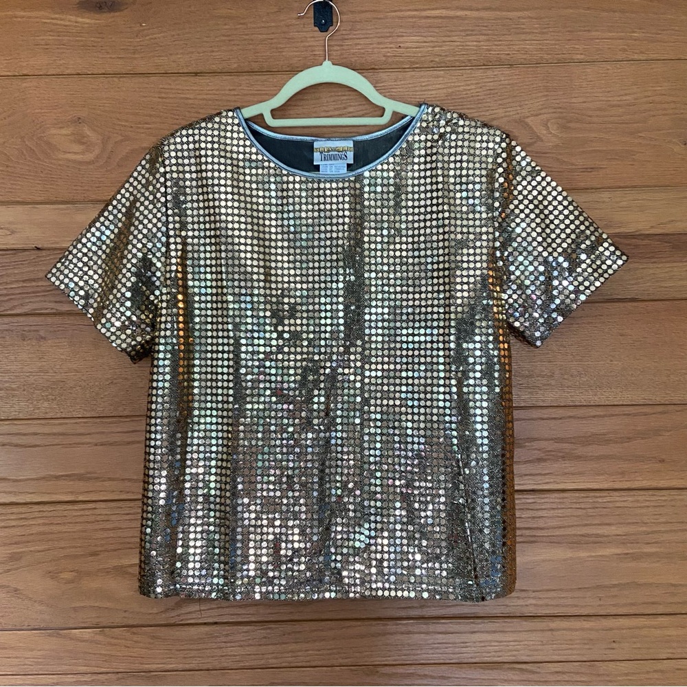 Vintage 80s Trimmings gold sequin silver back metallic short sleeve top